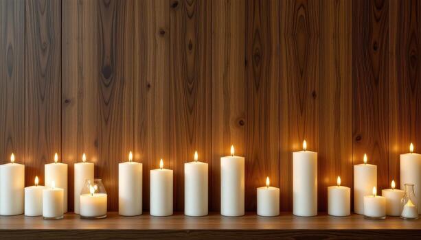 Candles arranged linearly against a deep walnut wall with light shimmering subtly across. photo
