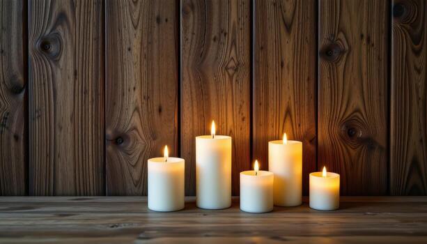 A refined grouping of candles glowing in front of a textured oak wall, highlighting the deep wood grain. photo