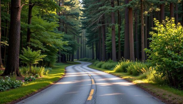 The paved road winds gently through a forest of tall, lush trees, with soft light illuminating the greenery along the way. photo
