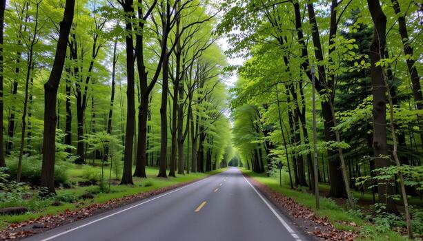 The paved road runs through a dense woodland corridor, where the trees rise high and form a leafy canopy overhead. photo