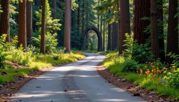 The paved road cuts through a serene forest filled with rich vegetation and towering tree trunks creating natural arches. photo