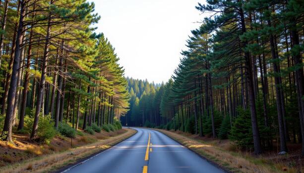 The paved road runs across the heart of a forest, surrounded by towering trees that whisper in the wind. photo