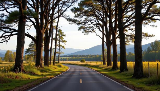 The paved road cuts through a serene woodland, with towering trees lining each side and forming a natural arch above. photo