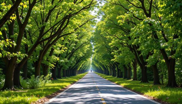 The paved road weaves through a sea of green trees, where every branch bends gently toward the sunlight. photo