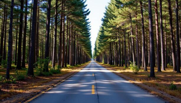 The paved road extends endlessly through a forest, with the scent of pine and earth lingering in the air. photo