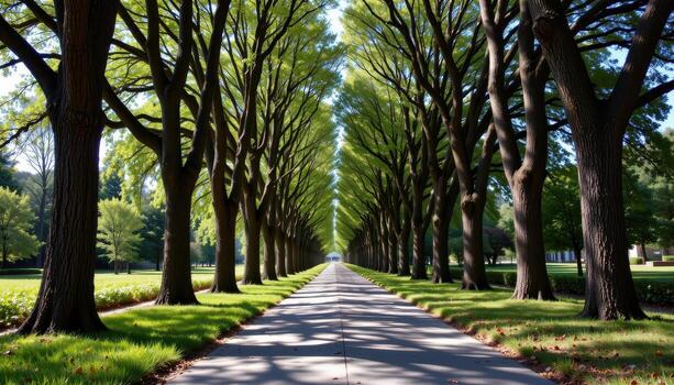 The paved road cuts through tall, graceful trees that rise toward the light, shading the way below. photo