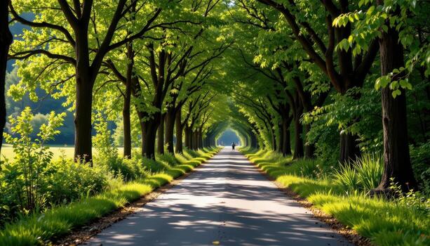 The paved road moves through a thick canopy of green where light dances across the path. photo