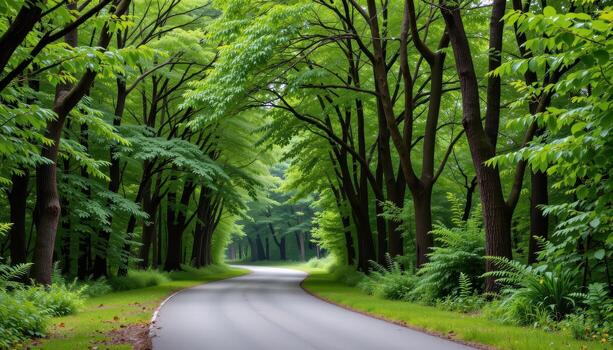 The paved road winds through dense greenery, flanked by tall trees with deep green leaves that sway gently in the breeze. photo