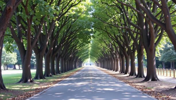 The paved road cuts between rows of trees that form a natural tunnel, their leaves shimmering in the dappled sunlight above. photo