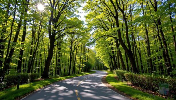 The paved road winds through a forest of vibrant green trees, with the sunlight filtering through the canopy and glinting off the leaves. photo