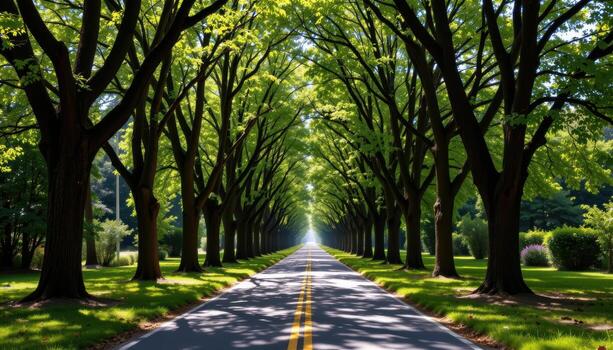 The paved road runs through a corridor of towering trees, their dense foliage casting intricate shadows on the pavement. photo