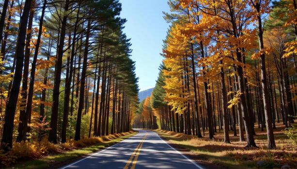 The paved road winds through a forest corridor lined with tall, leafy trees that sway gently in the breeze. photo