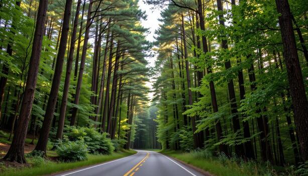 The paved road cuts through a dense forest, where towering trees create a natural tunnel overhead. photo