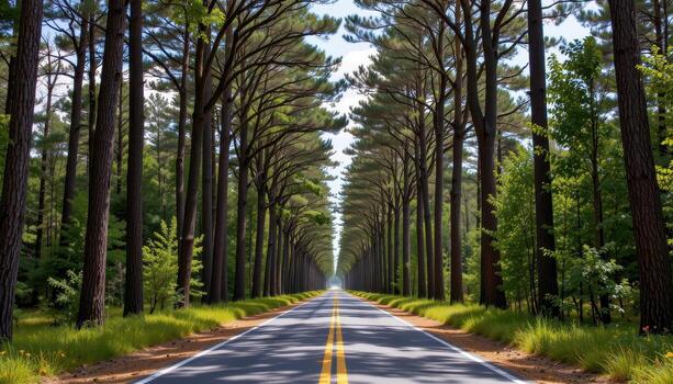 The paved road runs through a forest corridor, flanked by towering trees whose branches reach toward the sky. photo