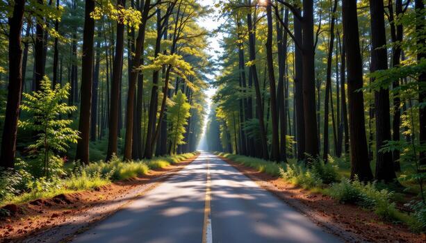 The paved road cuts through a tranquil woodland filled with tall trees and dappled sunlight creating warm highlights. photo