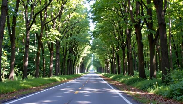 The paved road runs straight through a forest corridor, with tall, leafy trees forming a natural tunnel overhead. photo