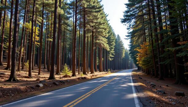 The paved road cuts through a tranquil forest corridor, with tall trees creating a rhythm of light and shadow along the road. photo