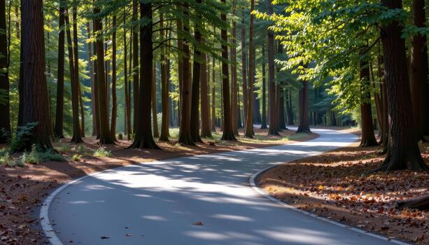 The paved road winds through a serene forest, with shadows and light dancing across the road from the tall trees. photo