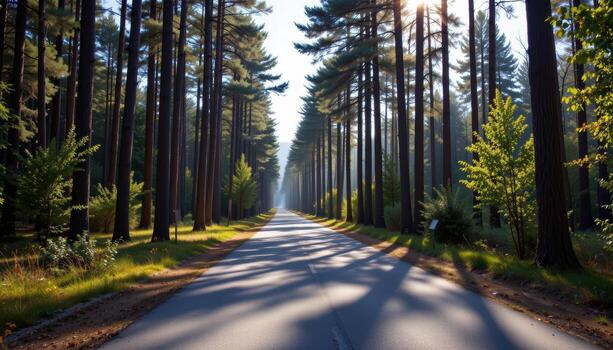 The paved road cuts through a forest of towering trees, with shadows stretching across the asphalt in the afternoon light. photo