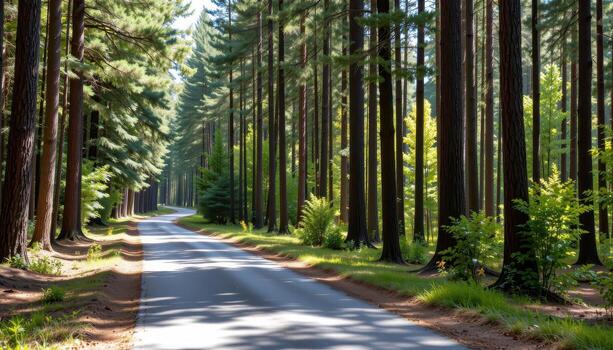 The paved road stretches through a forest filled with towering trees, with sunlight highlighting the texture of the bark and leaves. photo