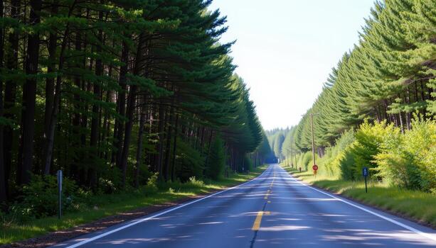 The paved road runs straight through a forest corridor, the surrounding trees forming layers of foliage that stretch upward toward the sky. photo