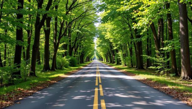 The paved road cuts a clean line through a forest of verdant trees, with the soft hum of wind passing through the leaves creating a peaceful atmosphere. photo