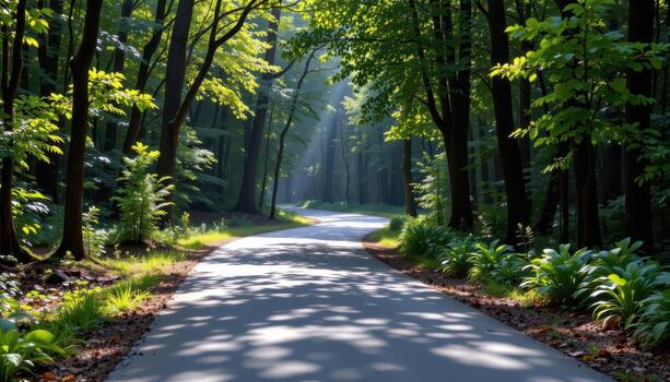 The paved road twists gently through a forest filled with lush vegetation, where light filtering through the canopy creates shifting patterns on the road. photo
