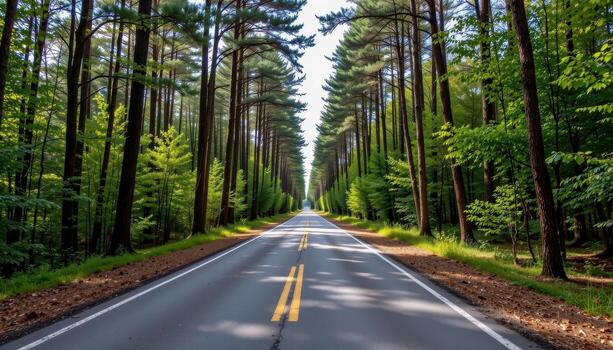 The paved road stretches through a serene forest, with trees rising high and forming a natural canopy overhead. photo