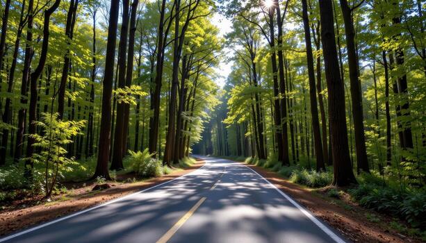 The paved road winds through a forest of towering trees, with sunlight dappling the leaves and creating shifting patterns on the asphalt. photo