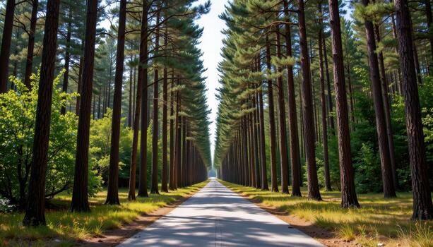 The paved road extends forward between rows of tall trees, creating a peaceful path through the heart of the forest. photo