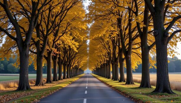 The paved road passes between tall trees swaying softly in a golden breeze. photo