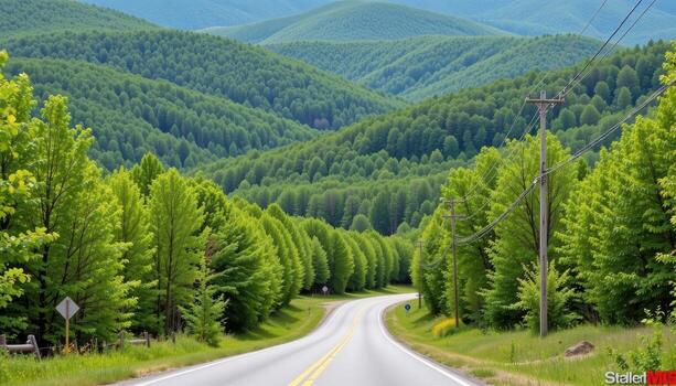 The paved road runs across rolling forest terrain surrounded by lush green slopes. photo