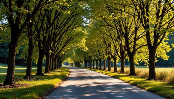 The paved road meanders through tall trees whose leaves shimmer in gentle light. photo