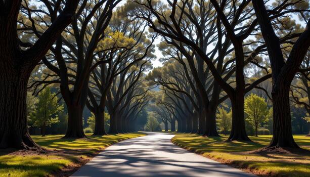The paved road winds between massive trees casting long, elegant shadows. photo