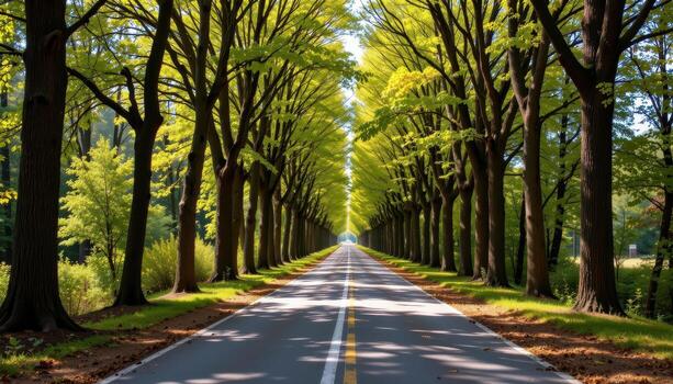 The paved road winds through tall trees whose leaves form a glowing roof overhead. photo