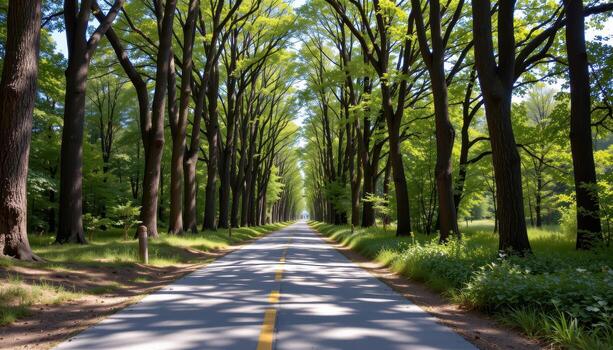 The paved road flows quietly through a world of towering trees and delicate greenery. photo
