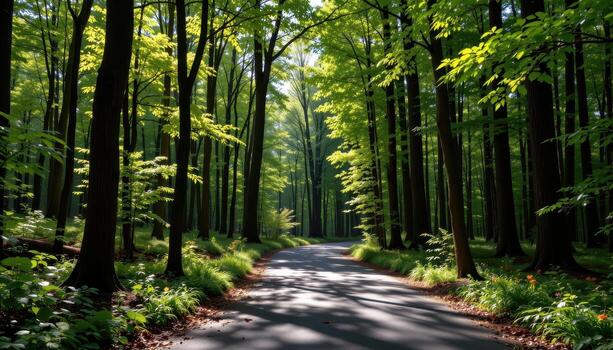 The paved road cuts through a dense woodland of tall trees, surrounded by rich greenery and the soft glow of sunlight streaming between the leaves. photo