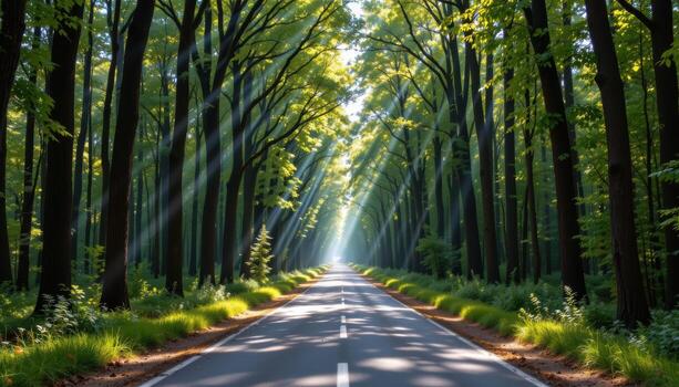 The paved road runs through a serene forest where the tall, lush trees create a tunnel like canopy, allowing streaks of sunlight to reach the ground. photo