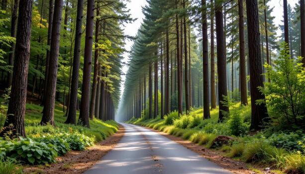 The paved road cuts through a serene woodland filled with towering trees and lush undergrowth on either side. photo
