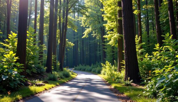 The paved road extends through a forest filled with layers of green foliage, where sunlight plays across the textured bark of the towering trees. photo