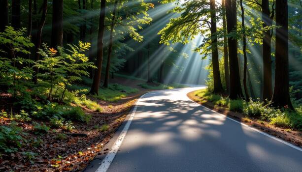el pavimentado la carretera vientos mediante un tranquilo bosque, con ejes de luz de sol creando un labor de retazos de ligero y sombra en el la carretera. foto