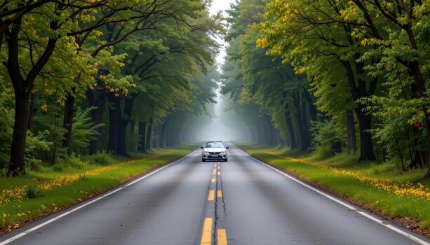 The paved road stretches endlessly through a forest of lush trees, with mist hanging low and the soft hum of the wind brushing through the leaves. photo