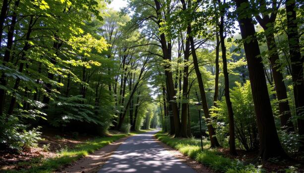 The paved road cuts through a dense woodland, flanked by majestic trees and interspersed with patches of sunlight filtering through the leaves. photo