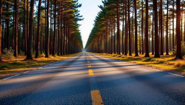 The paved road stretches endlessly through a forest of tall trees, where shadows of the branches stretch across the asphalt in the golden light. photo