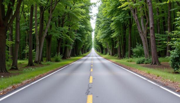 The paved road runs straight through a forest corridor, bordered by trees that rise high and form layers of deep green foliage overhead. photo