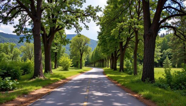 The paved road meanders across a landscape of dense greenery, flanked on both sides by towering trees with rich, textured bark. photo