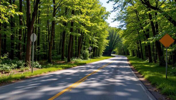 The paved road cuts smoothly through a forest of emerald green trees whose leaves shimmer in the gentle breeze. photo