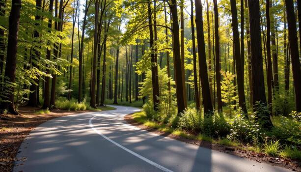 The paved road winds through a forest of tall trees, with soft sunlight casting long shadows across the smooth surface of the road. photo