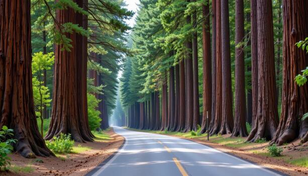 The paved road cuts through a forest corridor lined with ancient trees whose tall trunks create a sense of grandeur. photo