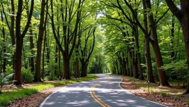 The paved road curves through a forest of tall, verdant trees, their branches arching gracefully over the asphalt. photo